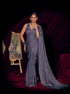 Designer Purple Satin Saree with Subtle Detailing Modern Party Outfit