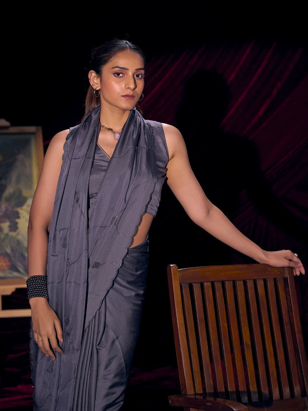 Designer Purple Satin Saree with Subtle Detailing Modern Party Outfit