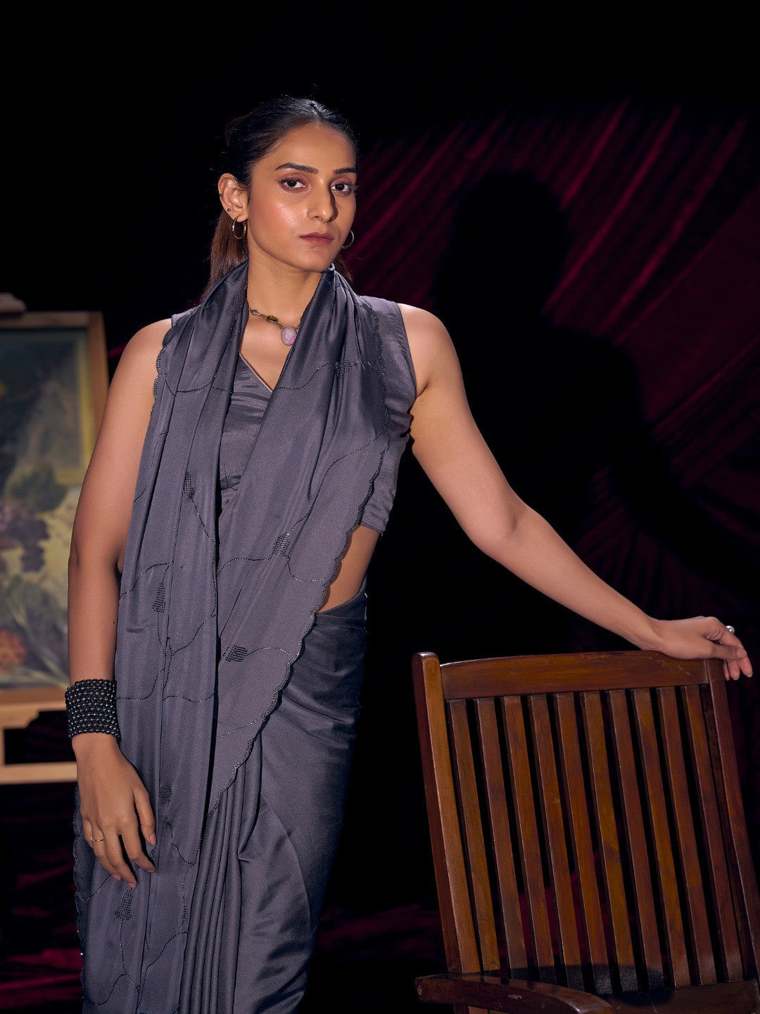 Designer Purple Satin Saree with Subtle Detailing Modern Party Outfit