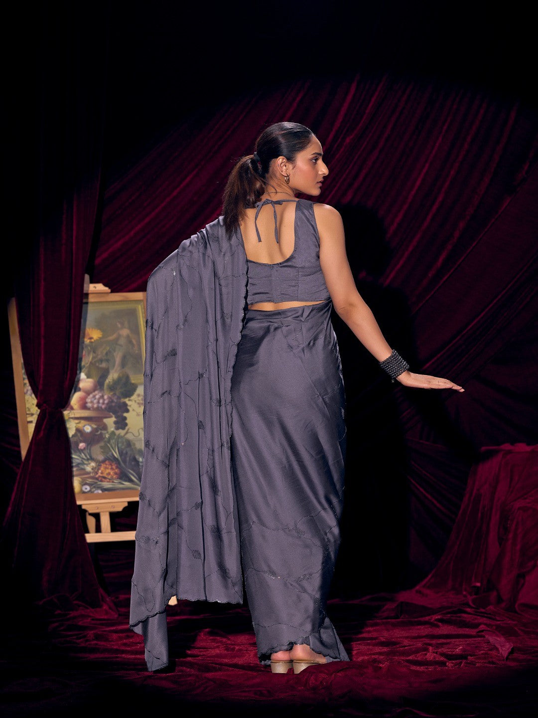 Designer Purple Satin Saree with Subtle Detailing Modern Party Outfit