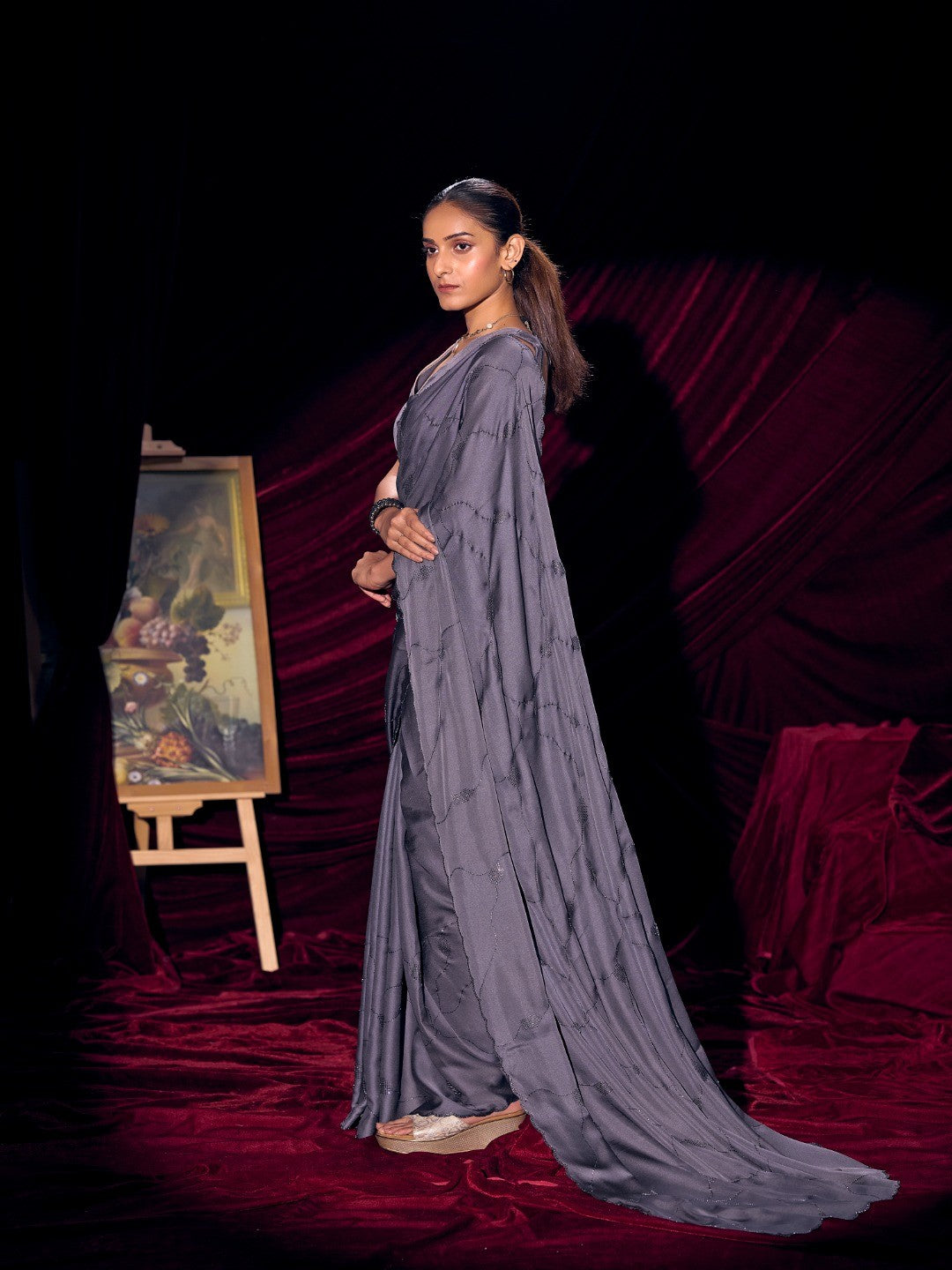 Designer Purple Satin Saree with Subtle Detailing Modern Party Outfit