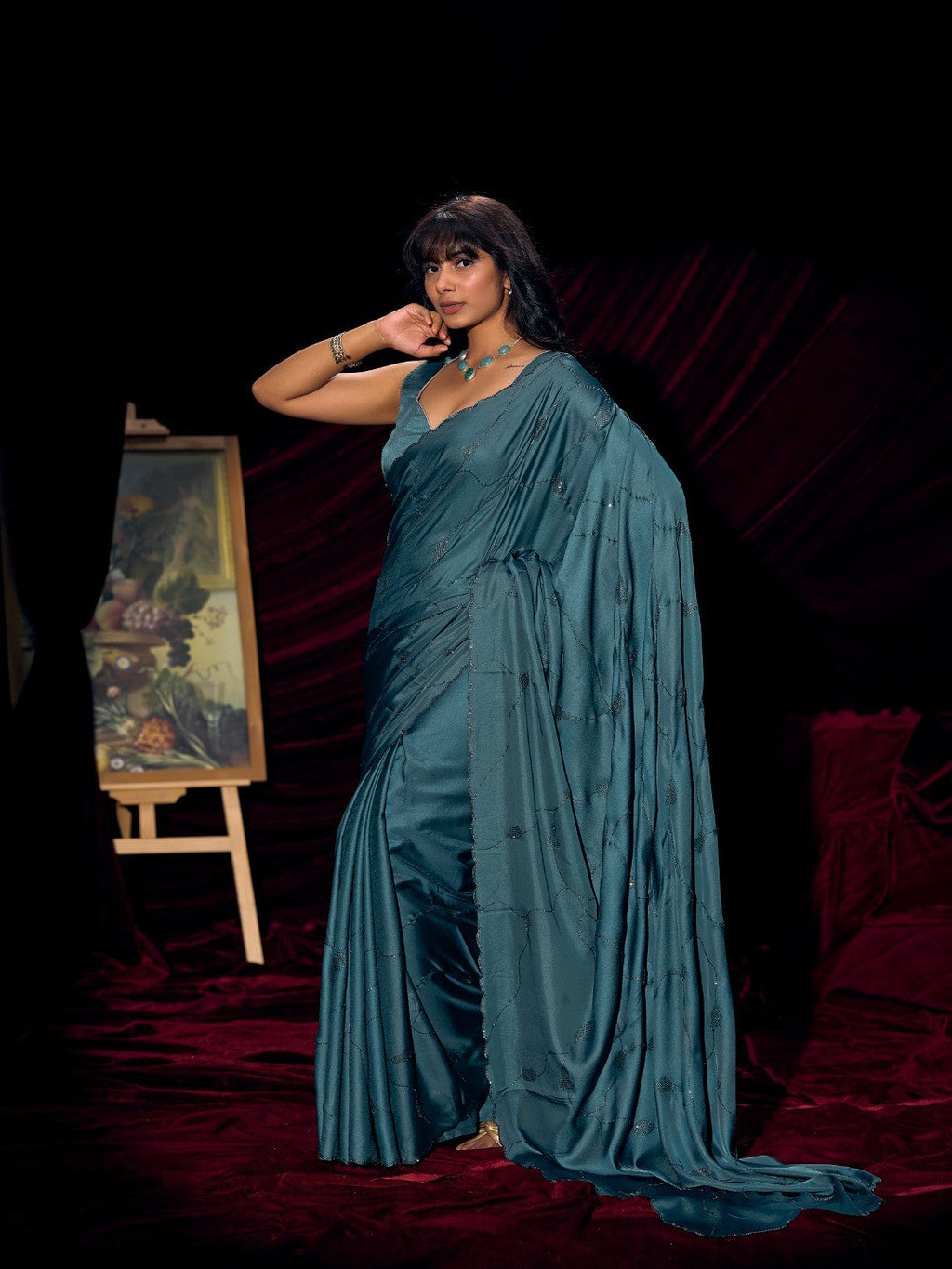 Designer Teal Satin Saree with Subtle Detailing Modern Party Outfit