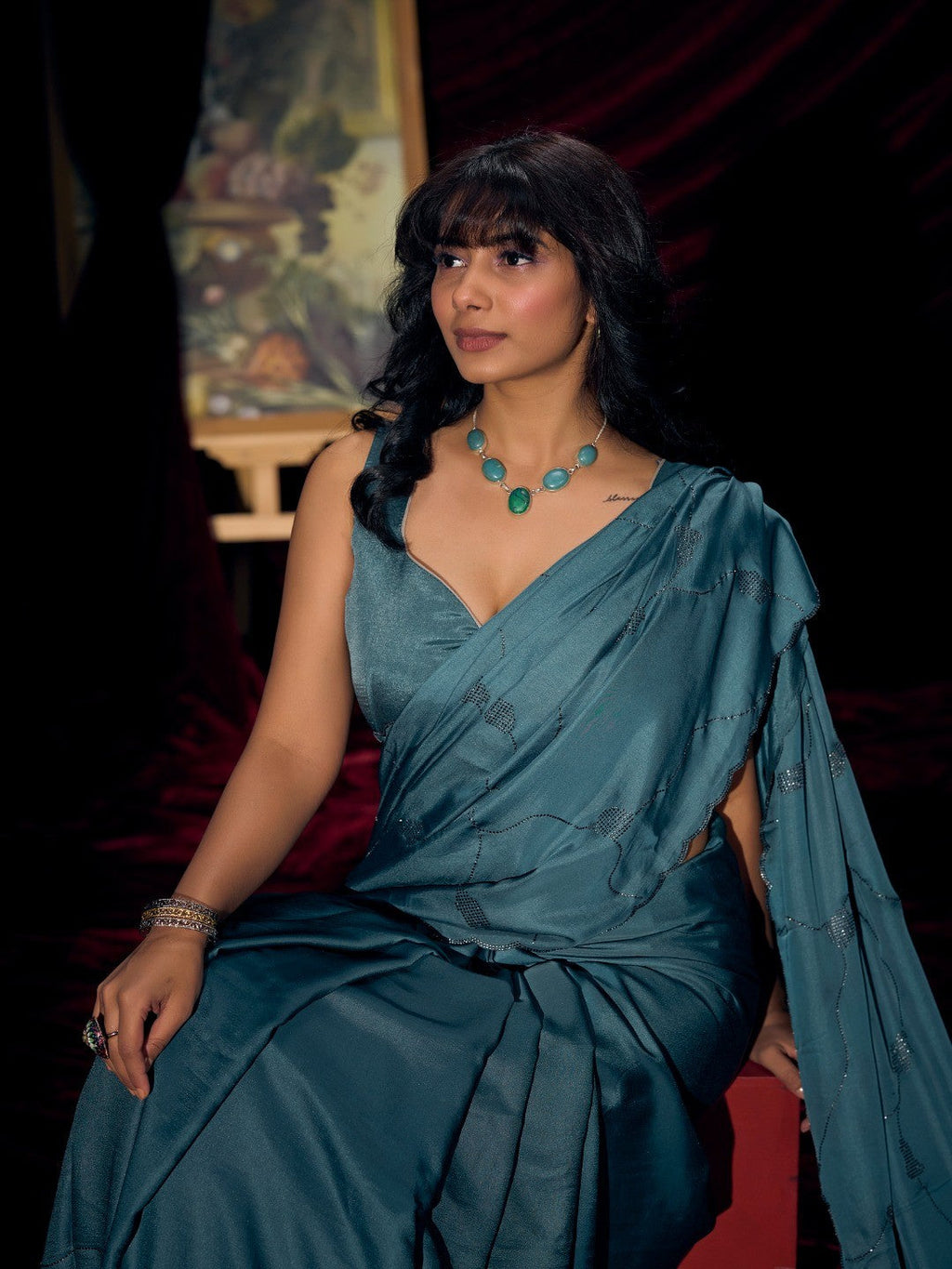 Designer Teal Satin Saree with Subtle Detailing Modern Party Outfit