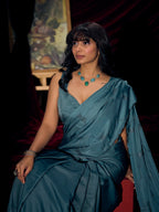 Designer Teal Satin Saree with Subtle Detailing Modern Party Outfit