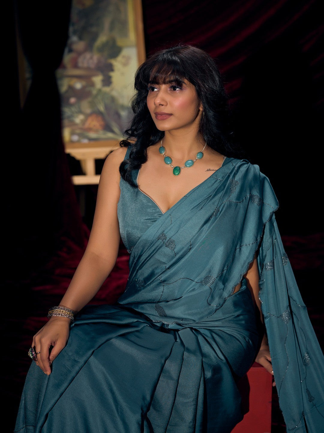 Designer Teal Satin Saree with Subtle Detailing Modern Party Outfit