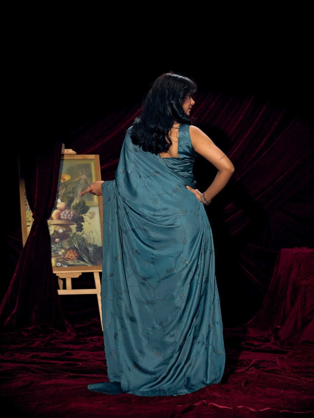 Designer Teal Satin Saree with Subtle Detailing Modern Party Outfit