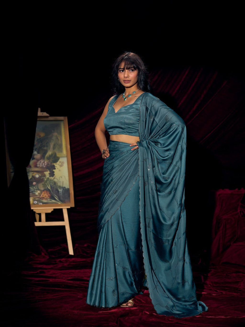 Designer Teal Satin Saree with Subtle Detailing Modern Party Outfit