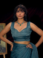 Designer Teal Satin Saree with Subtle Detailing Modern Party Outfit