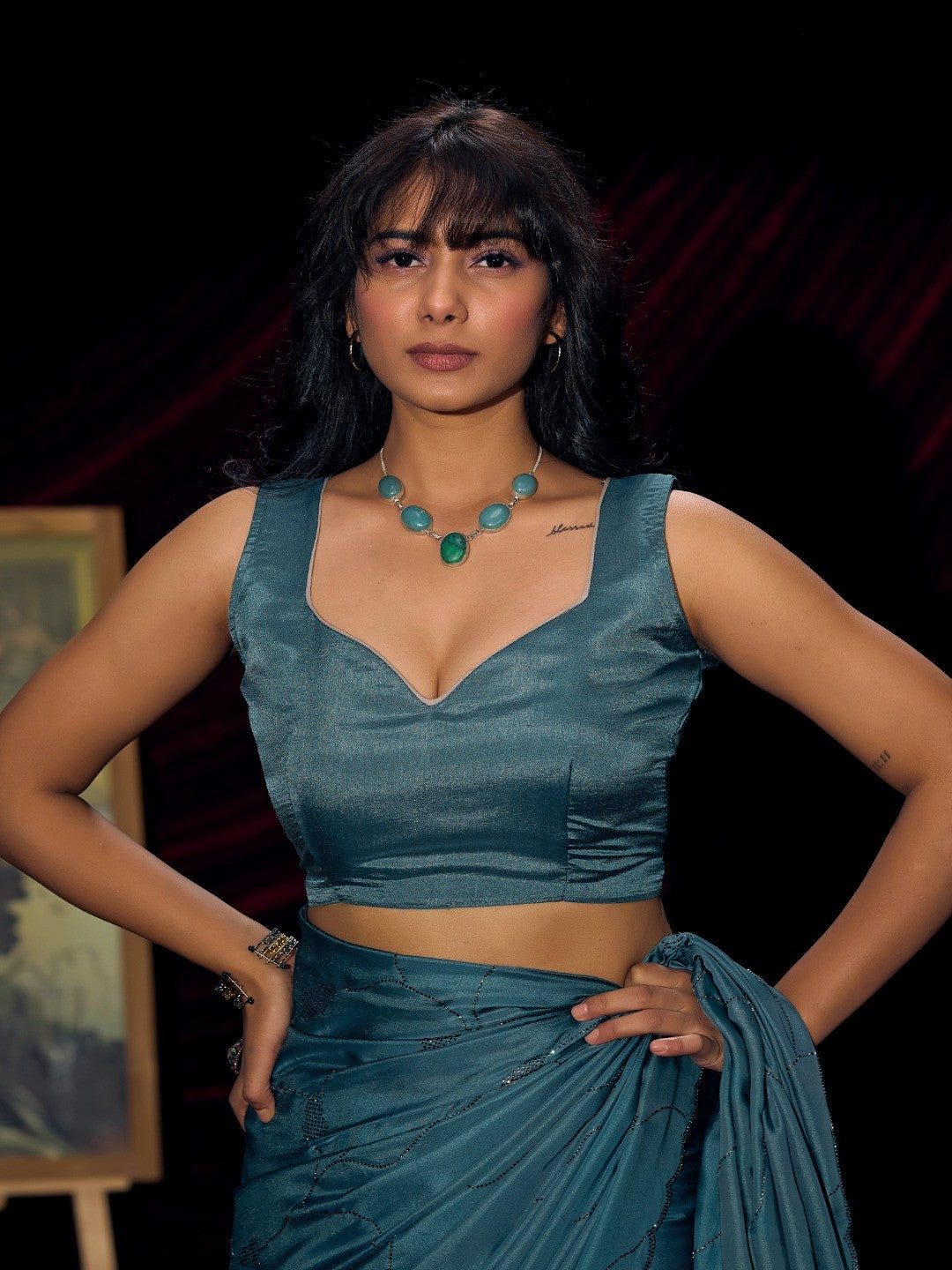 Designer Teal Satin Saree with Subtle Detailing Modern Party Outfit