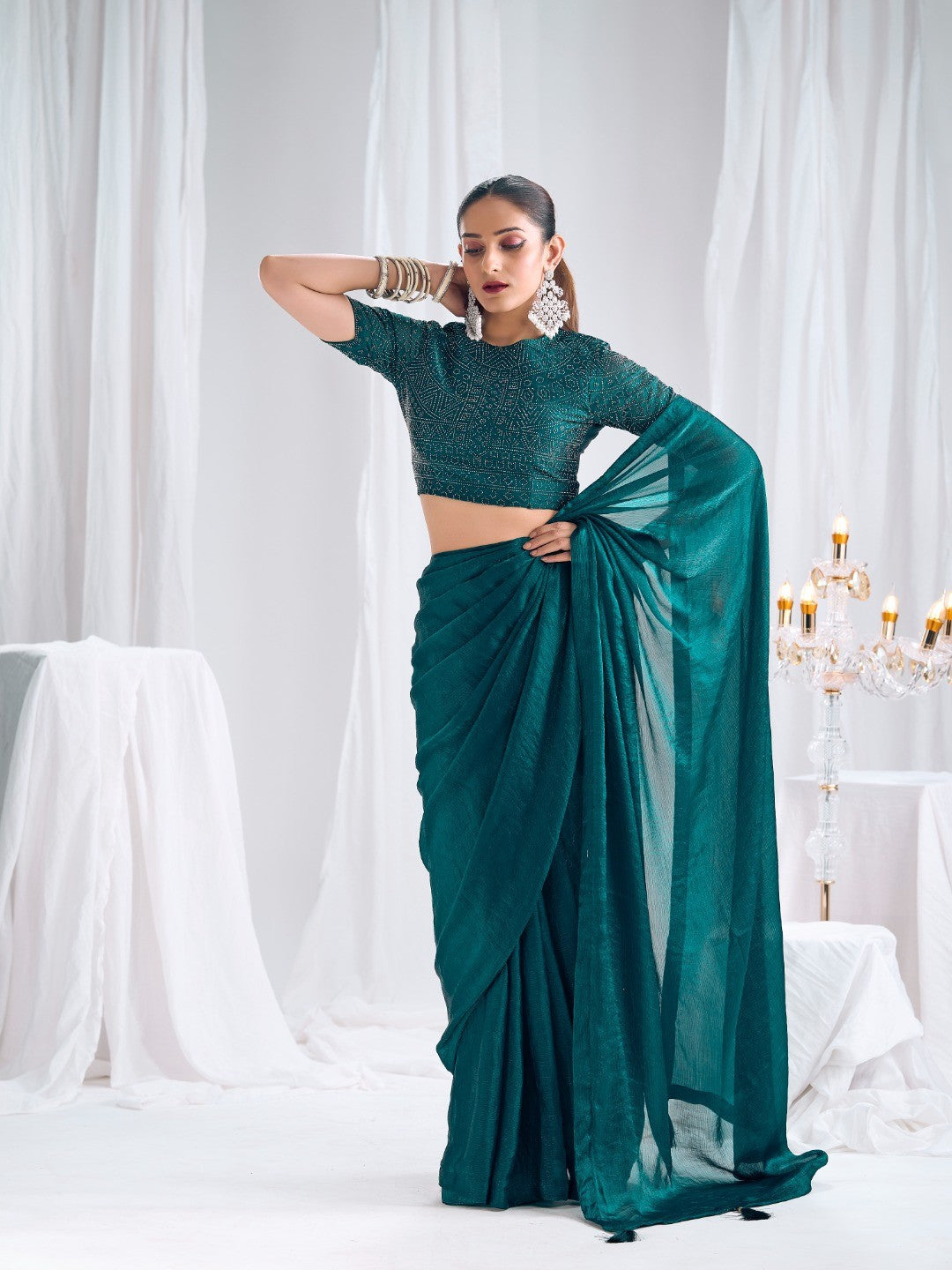 Designer Morpich Green Satin Saree with Embellished Blouse Modern Party Outfit