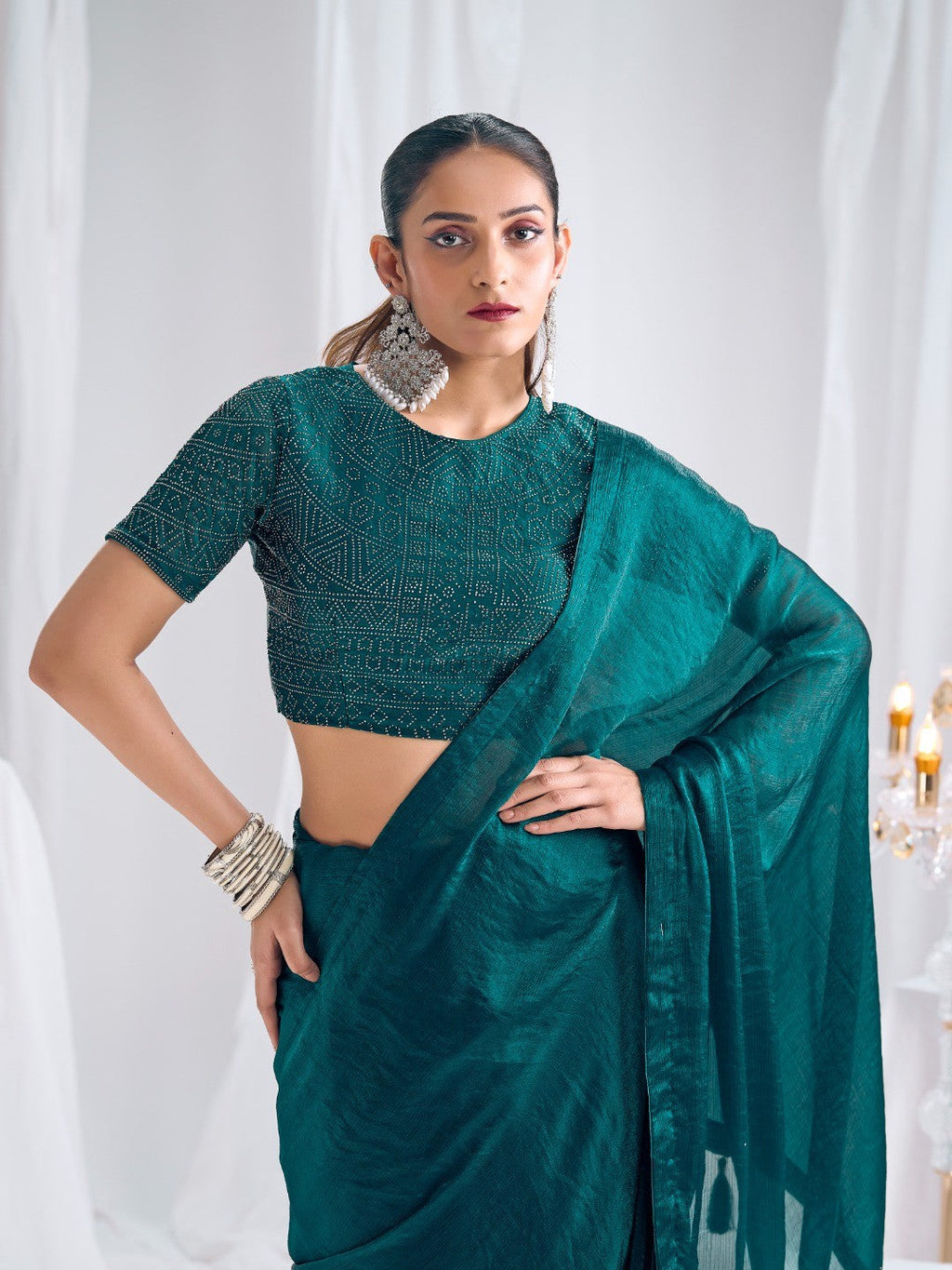 Designer Morpich Green Satin Saree with Embellished Blouse Modern Party Outfit