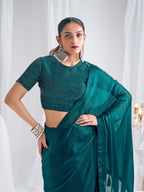 Designer Morpich Green Satin Saree with Embellished Blouse Modern Party Outfit