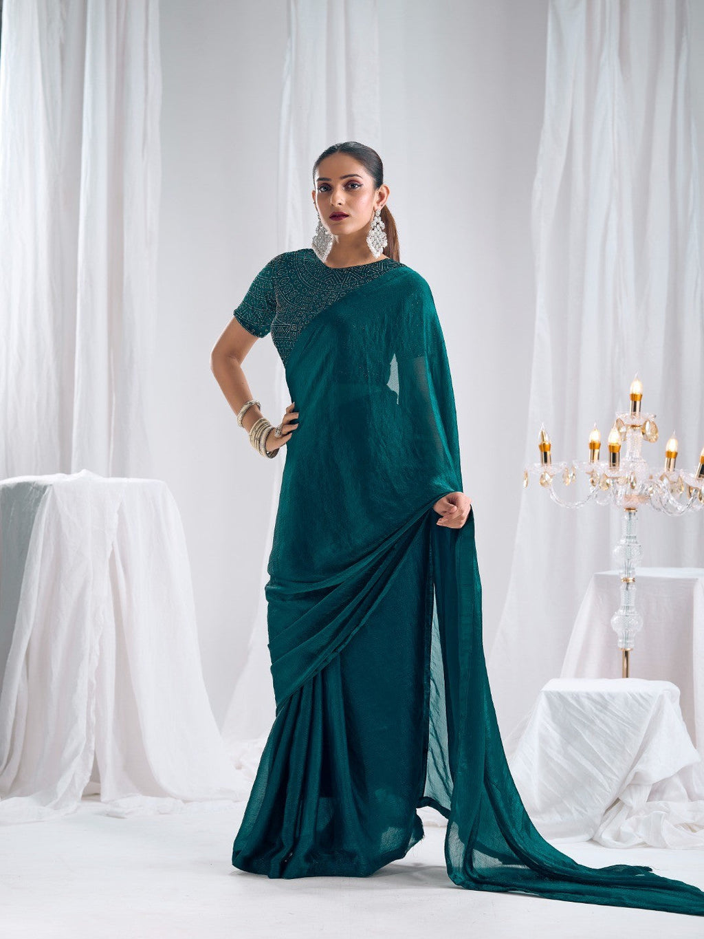 Designer Morpich Green Satin Saree with Embellished Blouse Modern Party Outfit