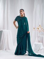 Designer Morpich Green Satin Saree with Embellished Blouse Modern Party Outfit