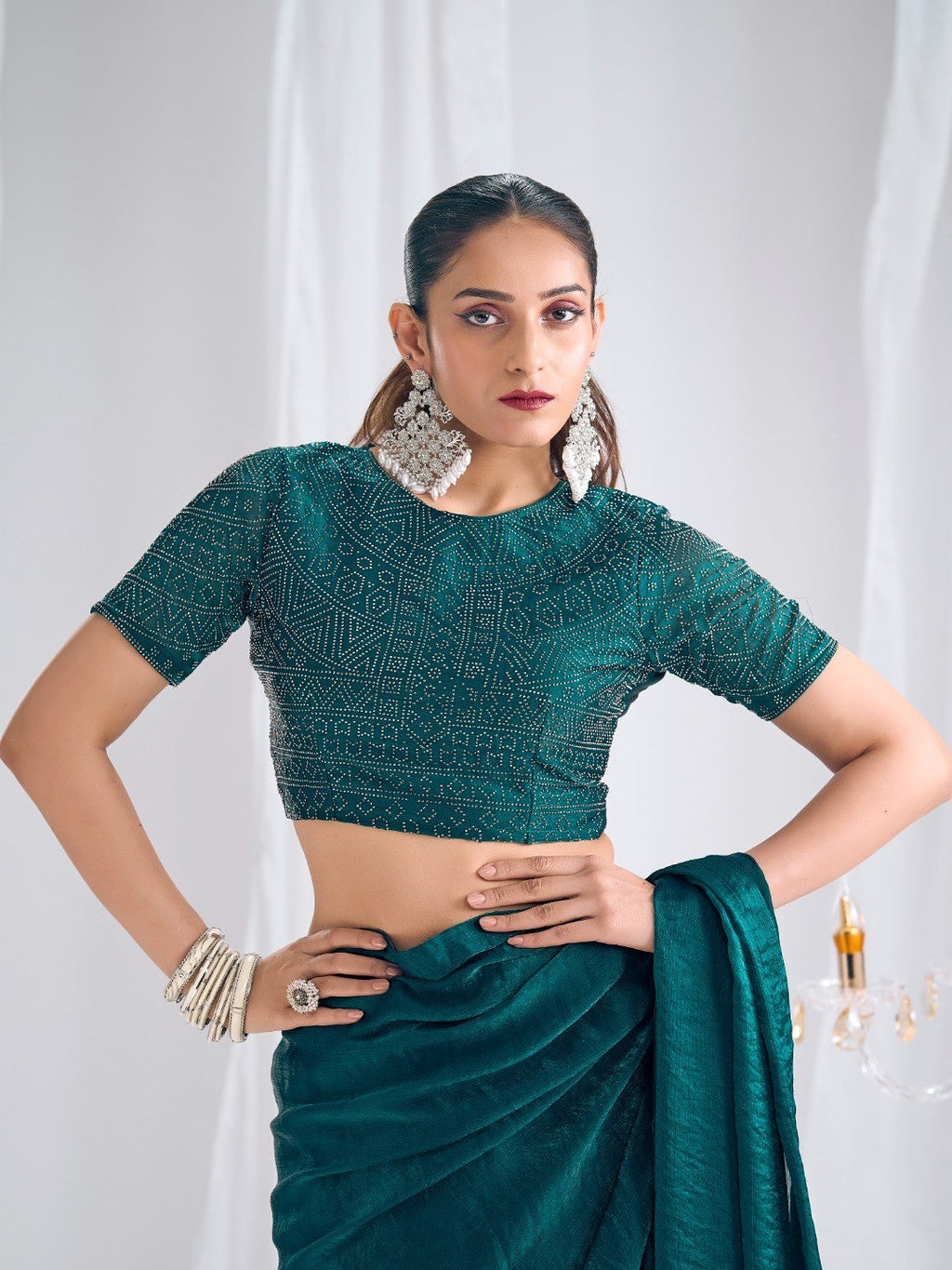 Designer Morpich Green Satin Saree with Embellished Blouse Modern Party Outfit