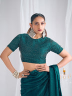 Designer Morpich Green Satin Saree with Embellished Blouse Modern Party Outfit