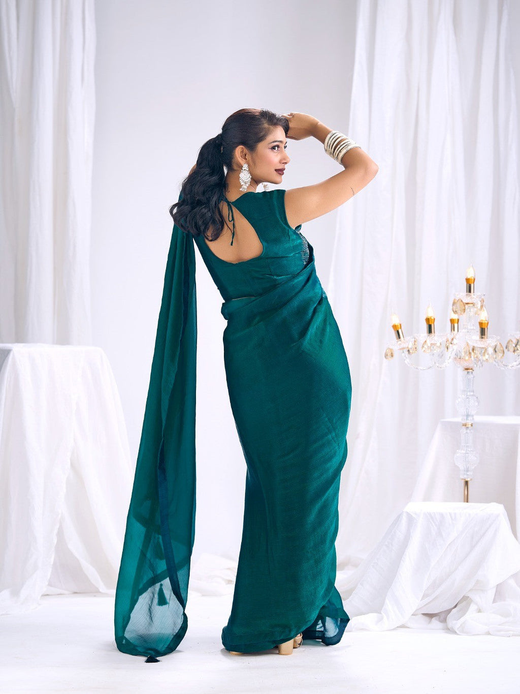 Designer Morpich Green Satin Saree with Embellished Blouse Modern Party Outfit