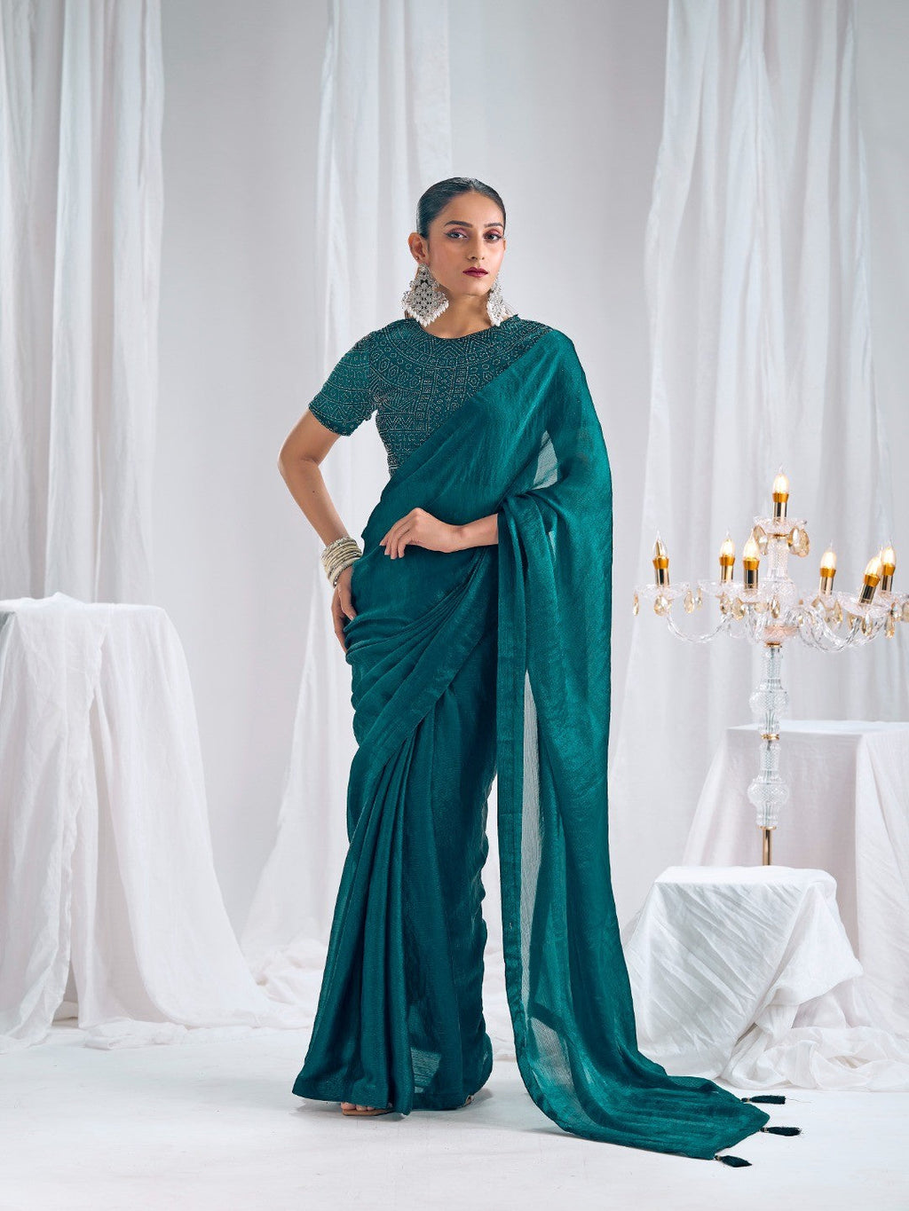 Designer Morpich Green Satin Saree with Embellished Blouse Modern Party Outfit