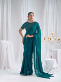 Designer Morpich Green Satin Saree with Embellished Blouse Modern Party Outfit