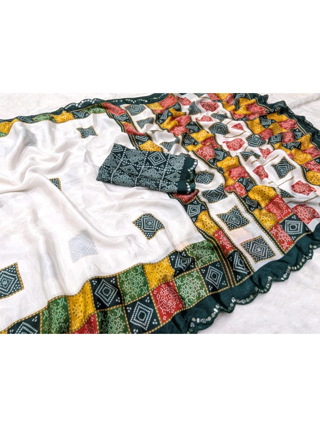 Elegant White & Green Vichitra Silk Bandhani Saree with Mirror Work Border
