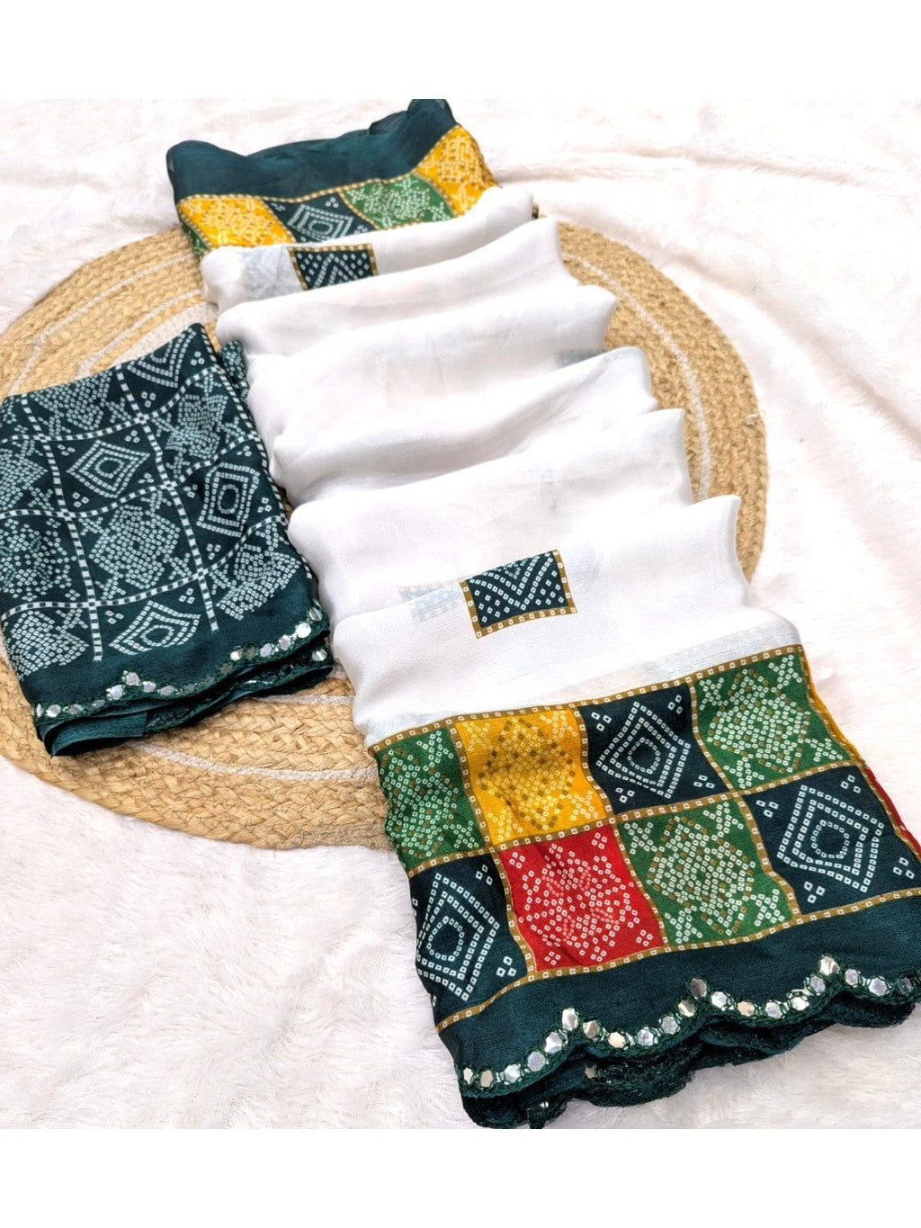 Elegant White & Green Vichitra Silk Bandhani Saree with Mirror Work Border