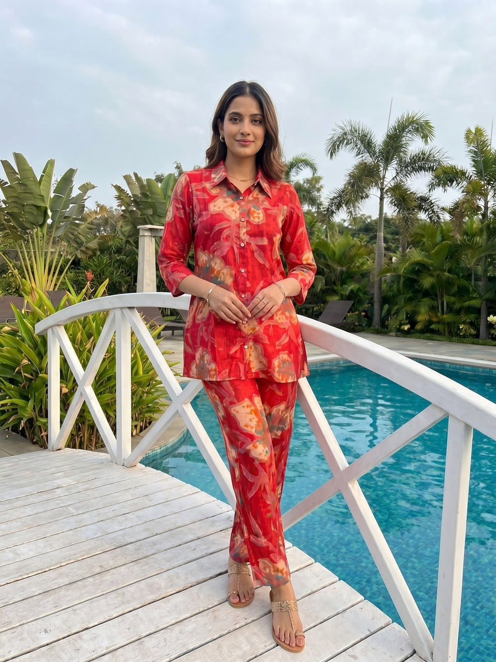 Red Floral Printed Rayon Top Bottom Set Stylish Everyday Ethnic Wear