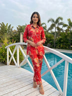 Red Floral Printed Rayon Top Bottom Set Stylish Everyday Ethnic Wear