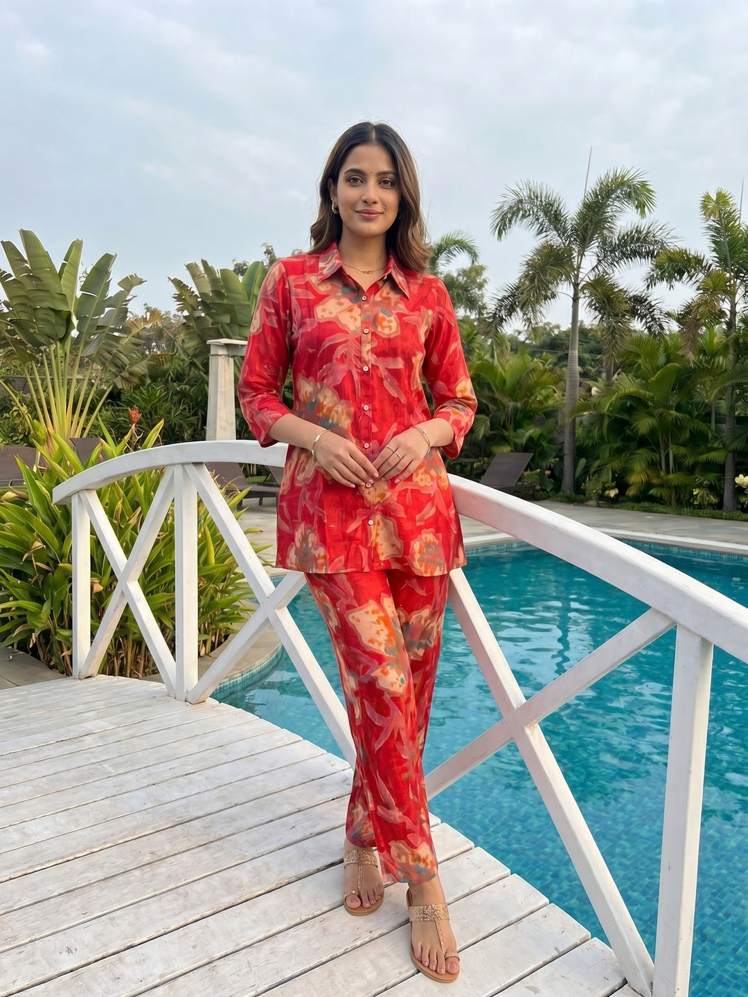 Red Floral Printed Rayon Top Bottom Set Stylish Everyday Ethnic Wear