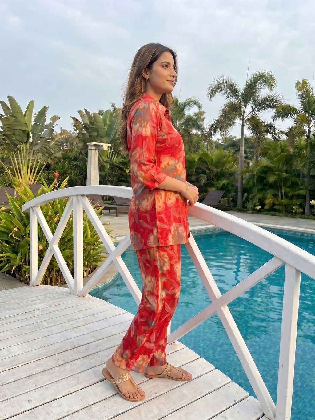 Red Floral Printed Rayon Top Bottom Set Stylish Everyday Ethnic Wear