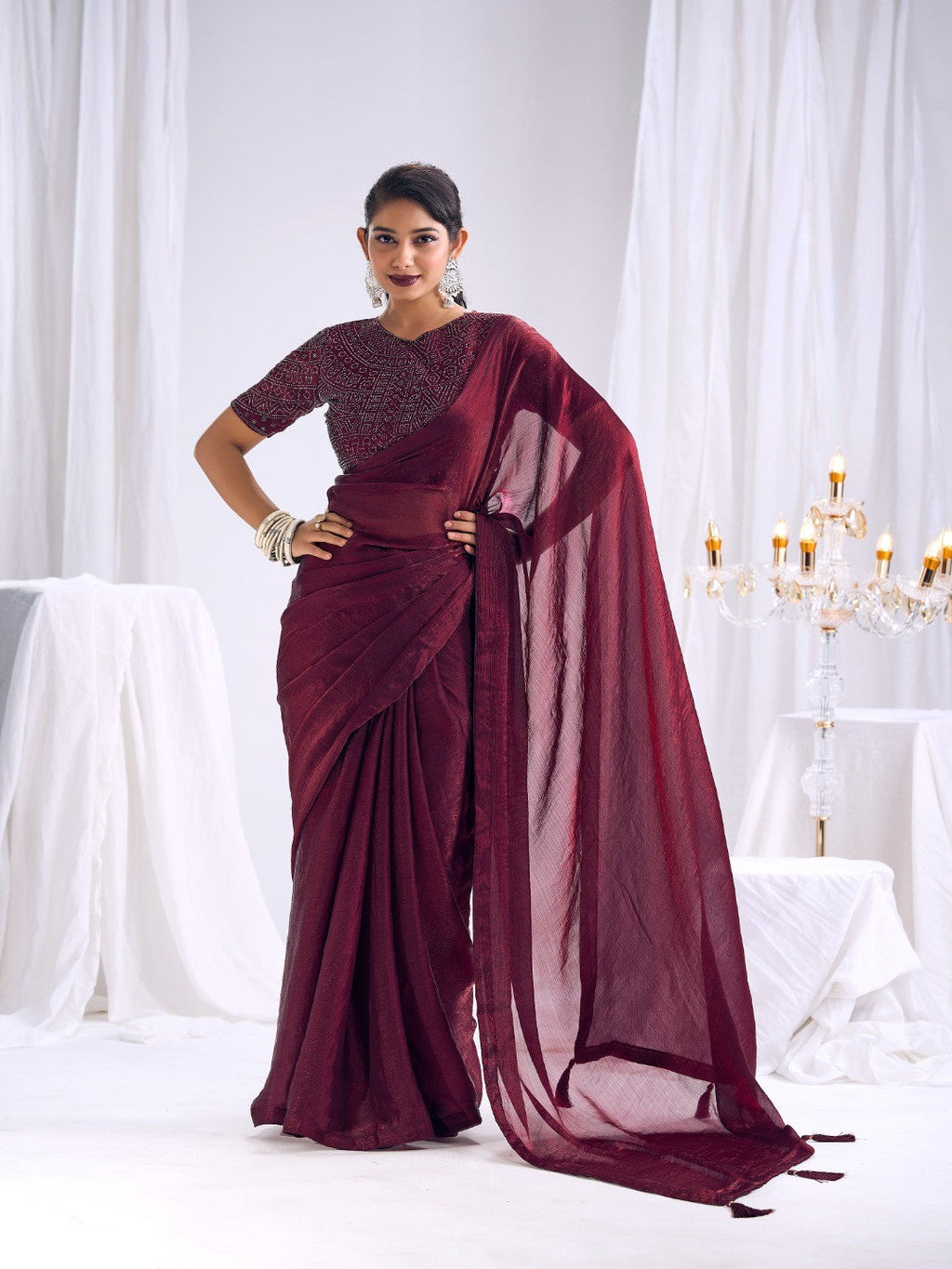 Designer Burgundy Satin Saree with Embellished Blouse Modern Party Outfit