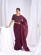 Designer Burgundy Satin Saree with Embellished Blouse Modern Party Outfit