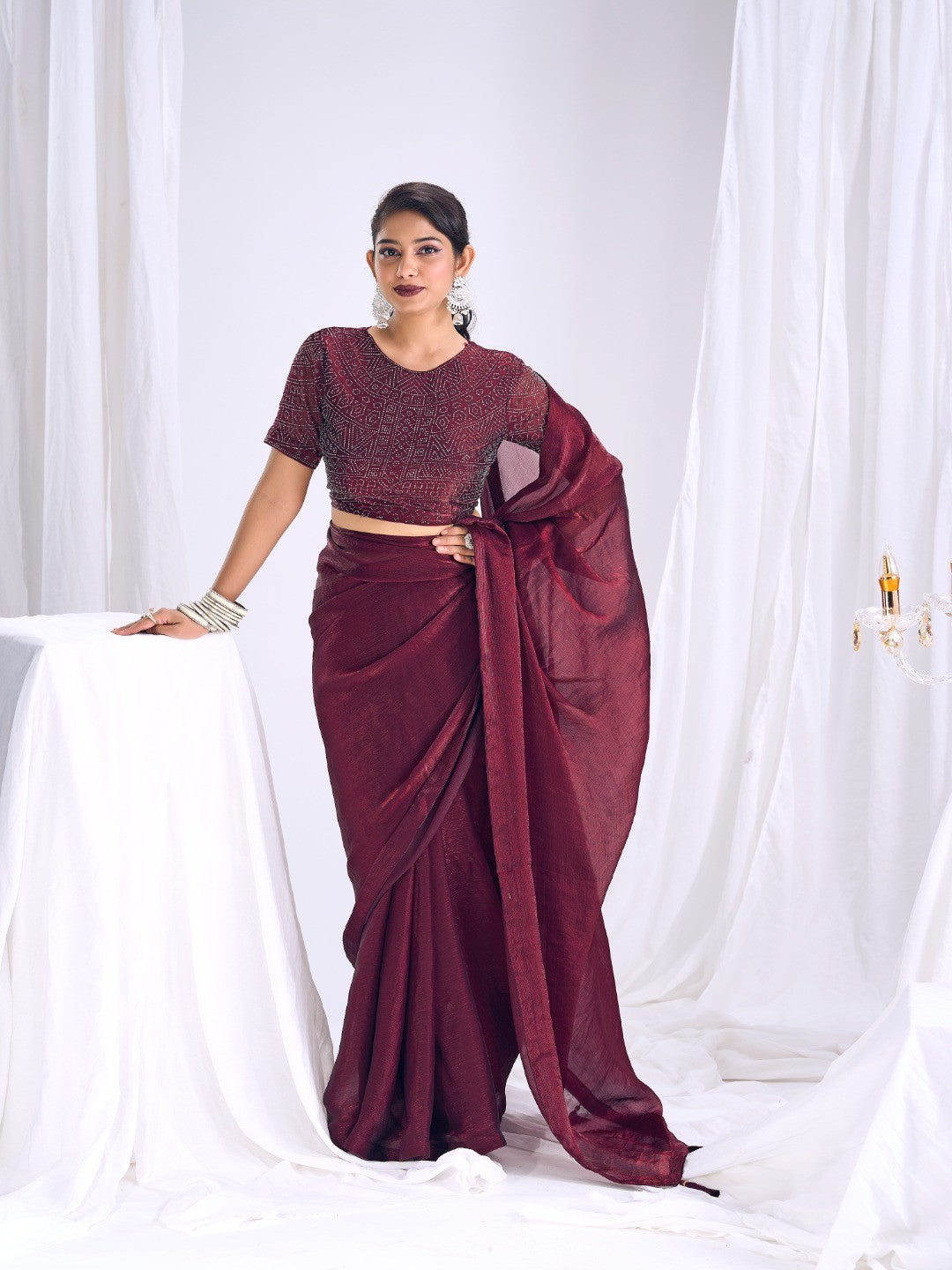 Designer Burgundy Satin Saree with Embellished Blouse Modern Party Outfit