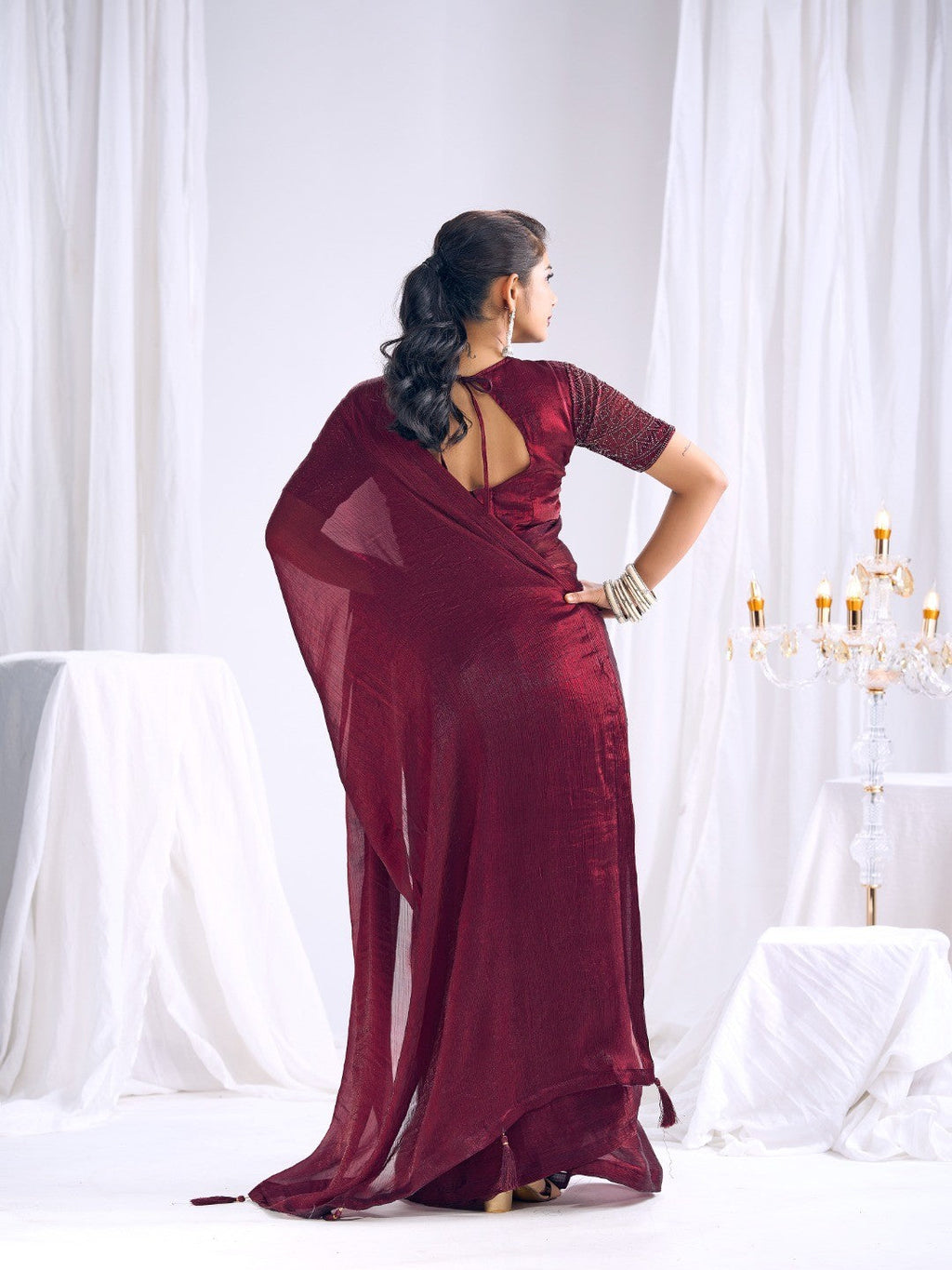 Designer Burgundy Satin Saree with Embellished Blouse Modern Party Outfit