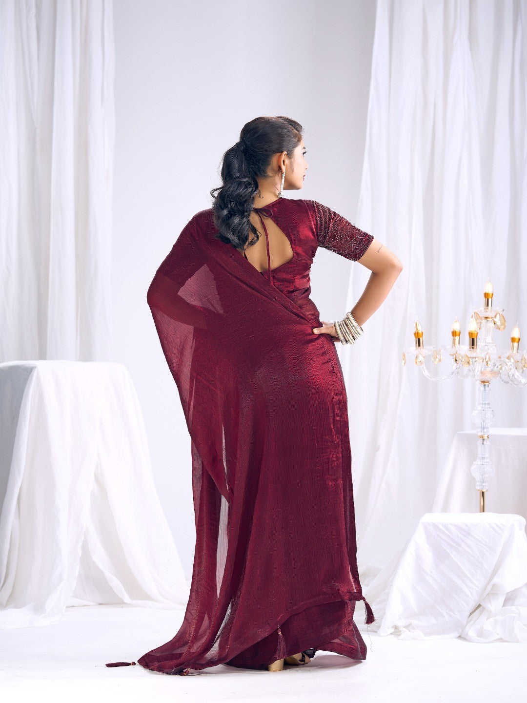 Designer Burgundy Satin Saree with Embellished Blouse Modern Party Outfit