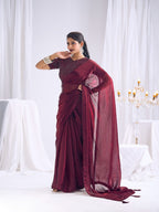 Designer Burgundy Satin Saree with Embellished Blouse Modern Party Outfit