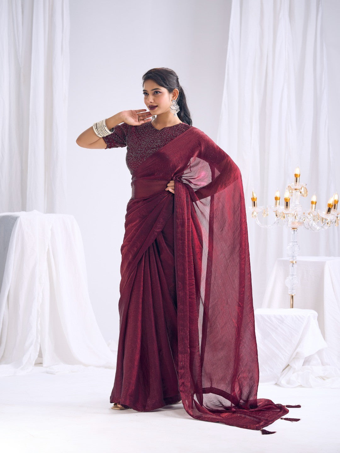 Designer Burgundy Satin Saree with Embellished Blouse Modern Party Outfit