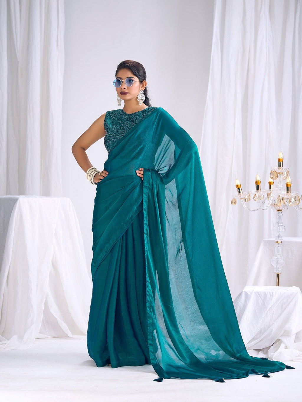 Designer Teal Satin Saree with Embellished Blouse Modern Party Outfit