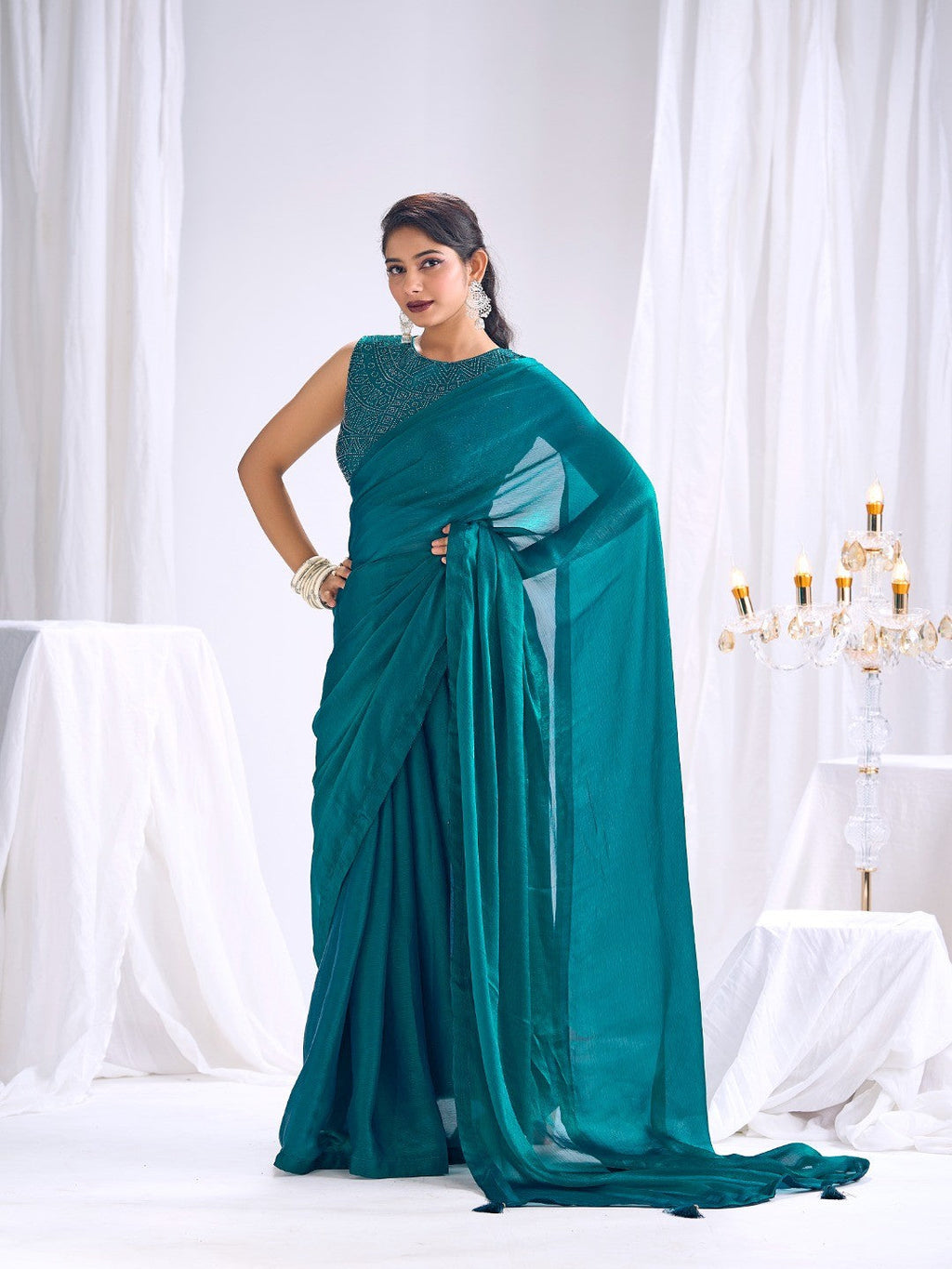 Designer Teal Satin Saree with Embellished Blouse Modern Party Outfit