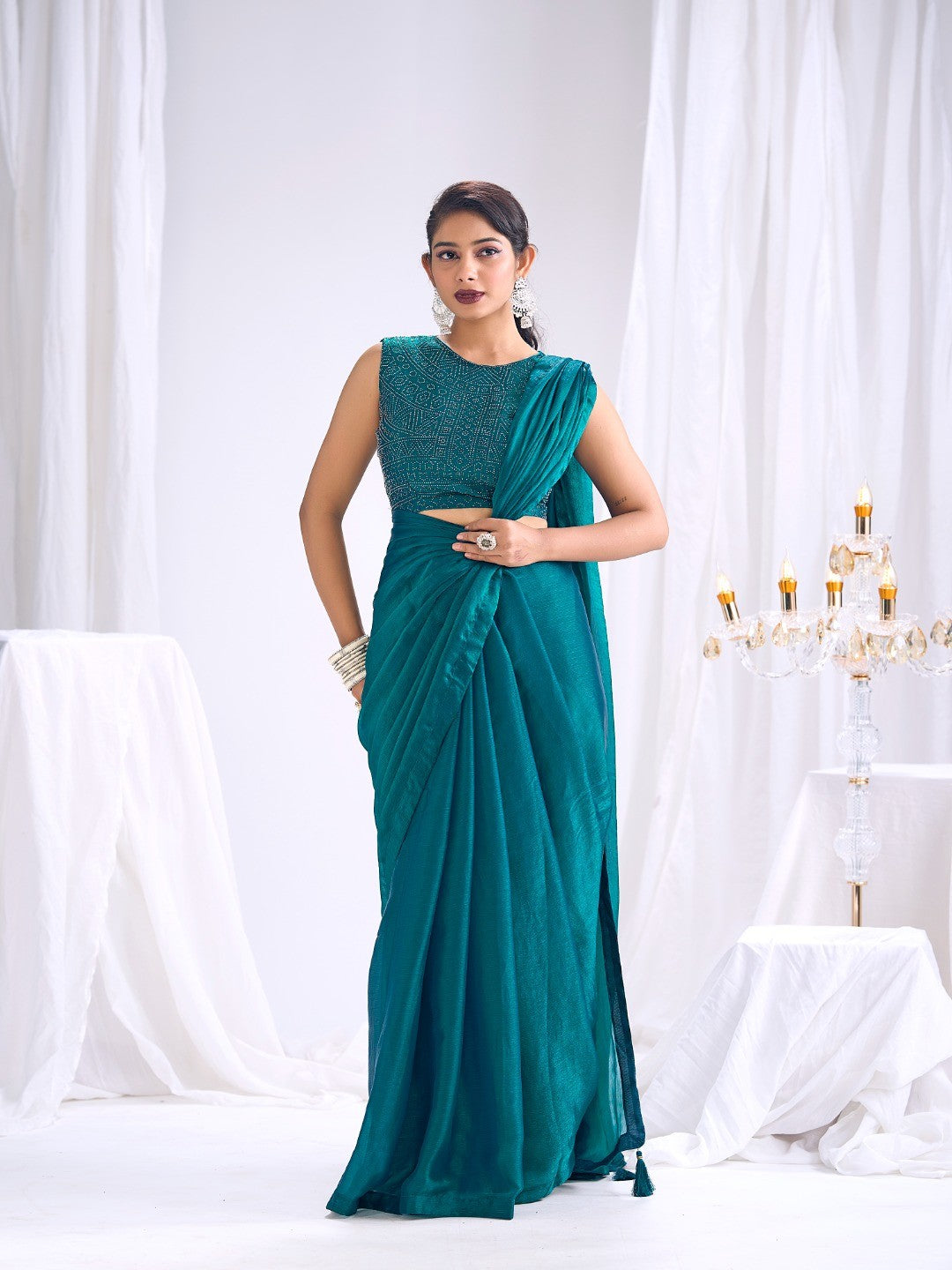 Designer Teal Satin Saree with Embellished Blouse Modern Party Outfit