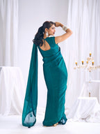 Designer Teal Satin Saree with Embellished Blouse Modern Party Outfit