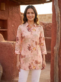 Premium Peach Floral Printed Muslin Top Chic Casual Style