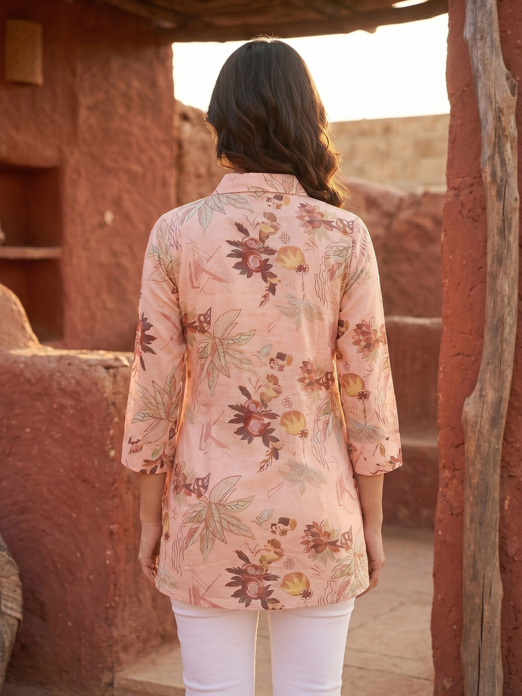 Premium Peach Floral Printed Muslin Top Chic Casual Style
