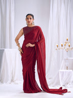 Designer Deep Red Satin Saree with Embellished Blouse Modern Party Outfit