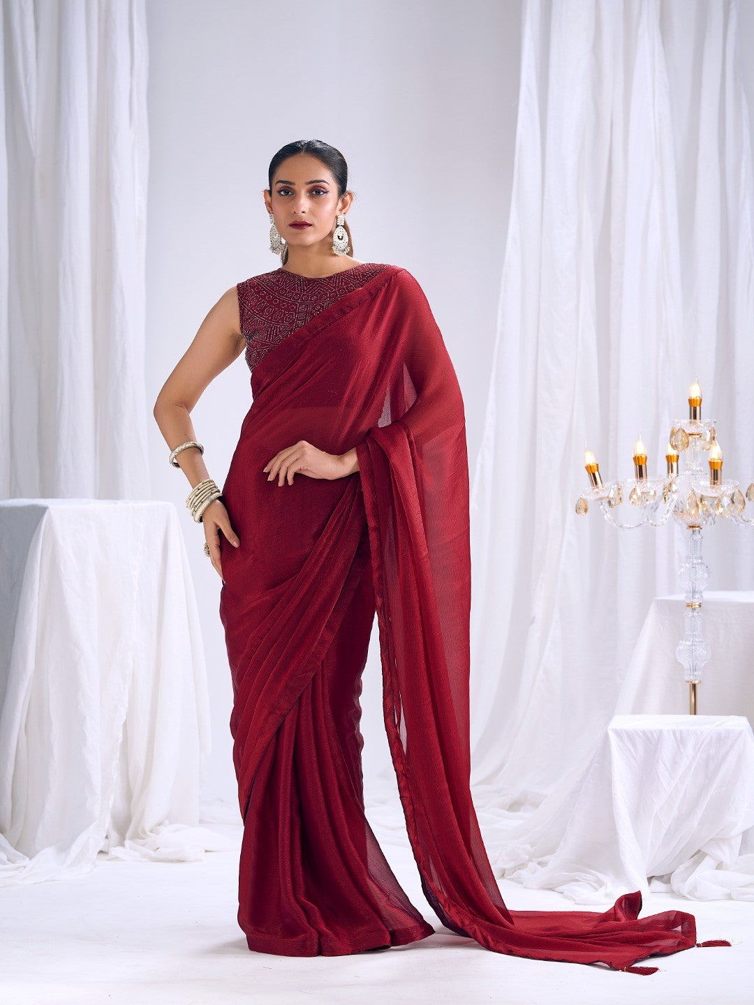 Designer Deep Red Satin Saree with Embellished Blouse Modern Party Outfit
