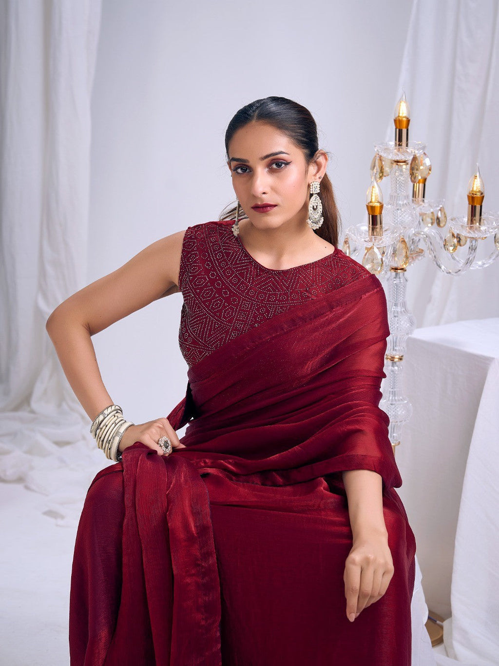 Designer Deep Red Satin Saree with Embellished Blouse Modern Party Outfit