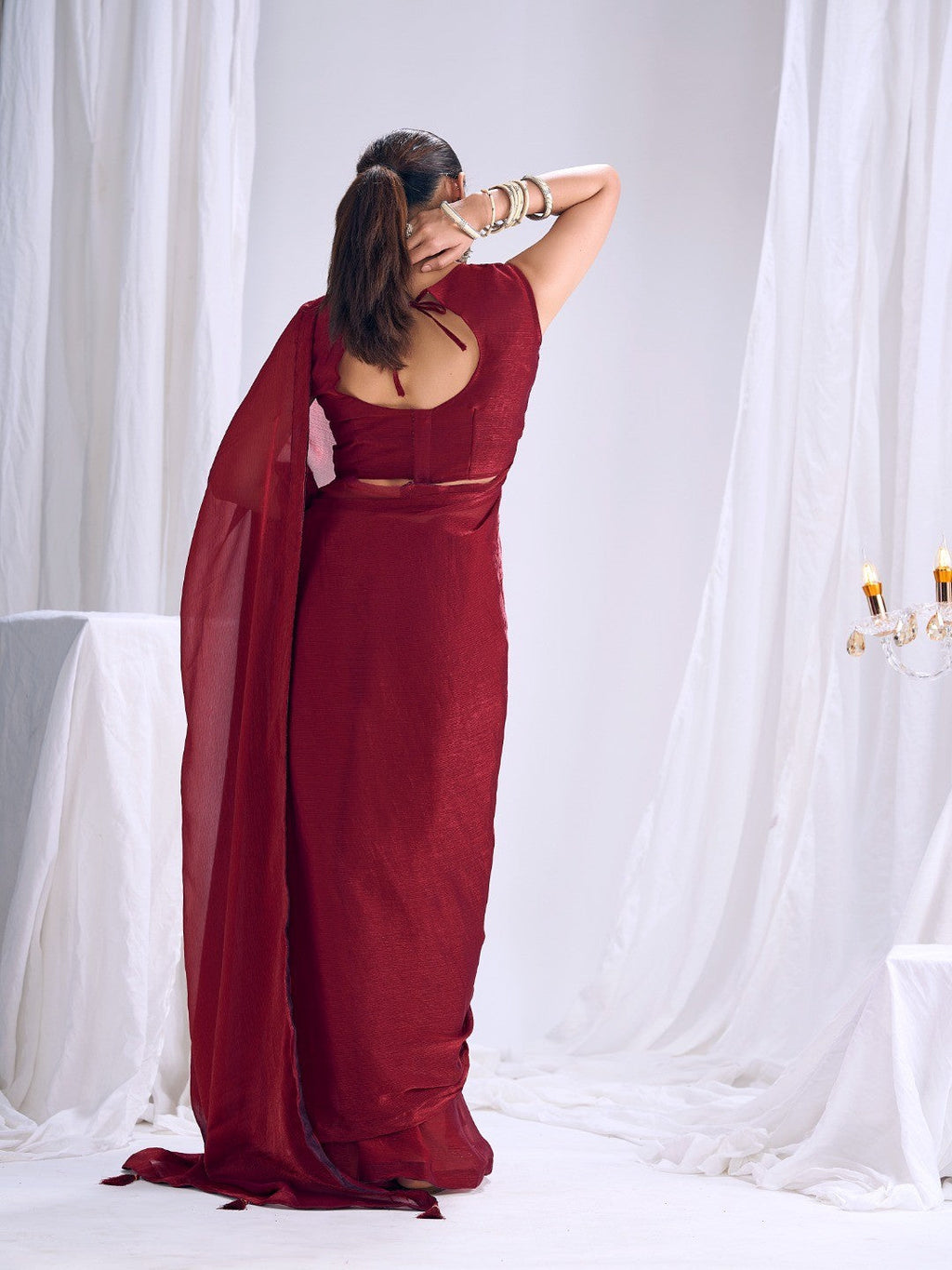 Designer Deep Red Satin Saree with Embellished Blouse Modern Party Outfit