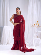 Designer Deep Red Satin Saree with Embellished Blouse Modern Party Outfit