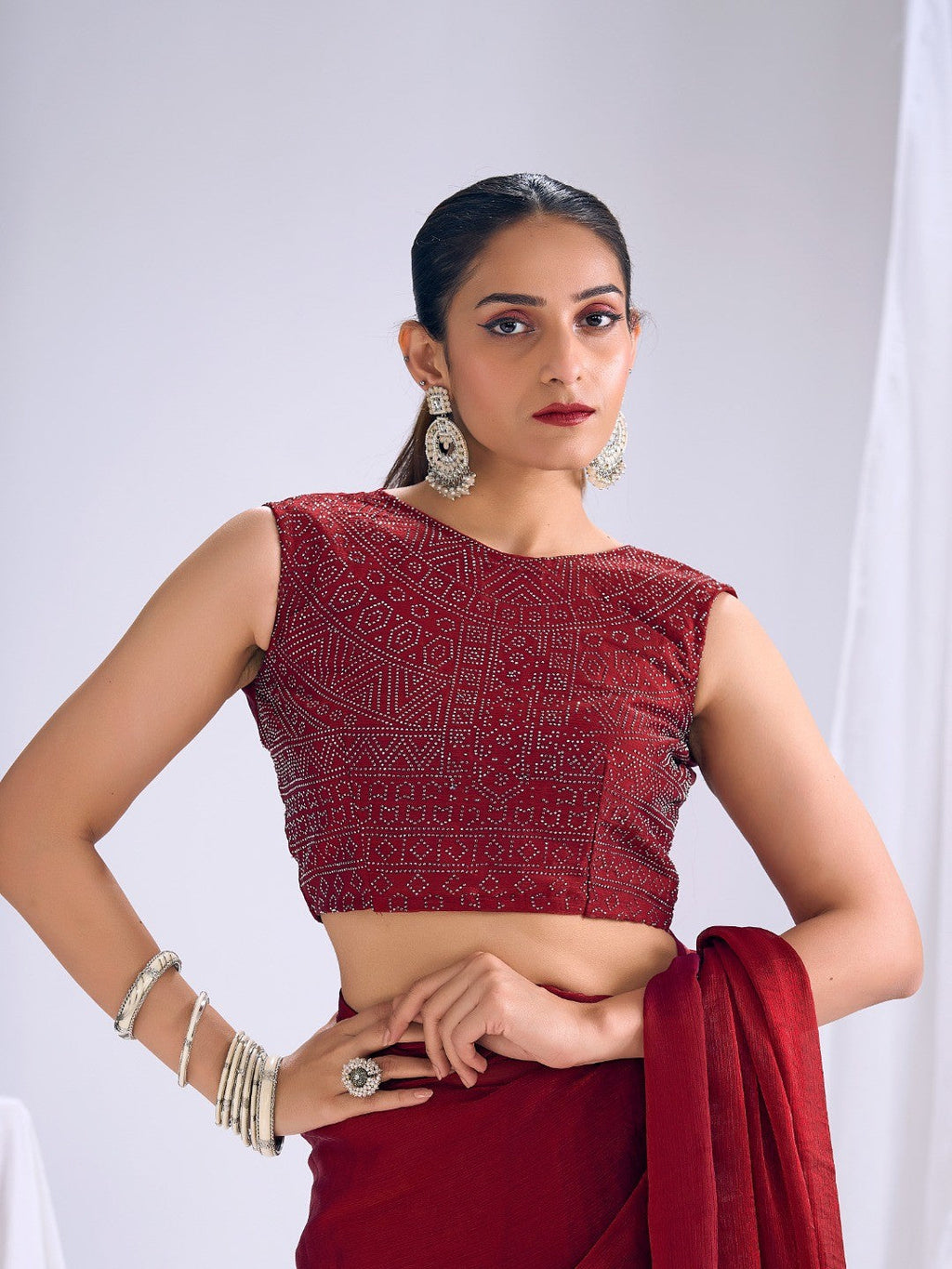 Designer Deep Red Satin Saree with Embellished Blouse Modern Party Outfit