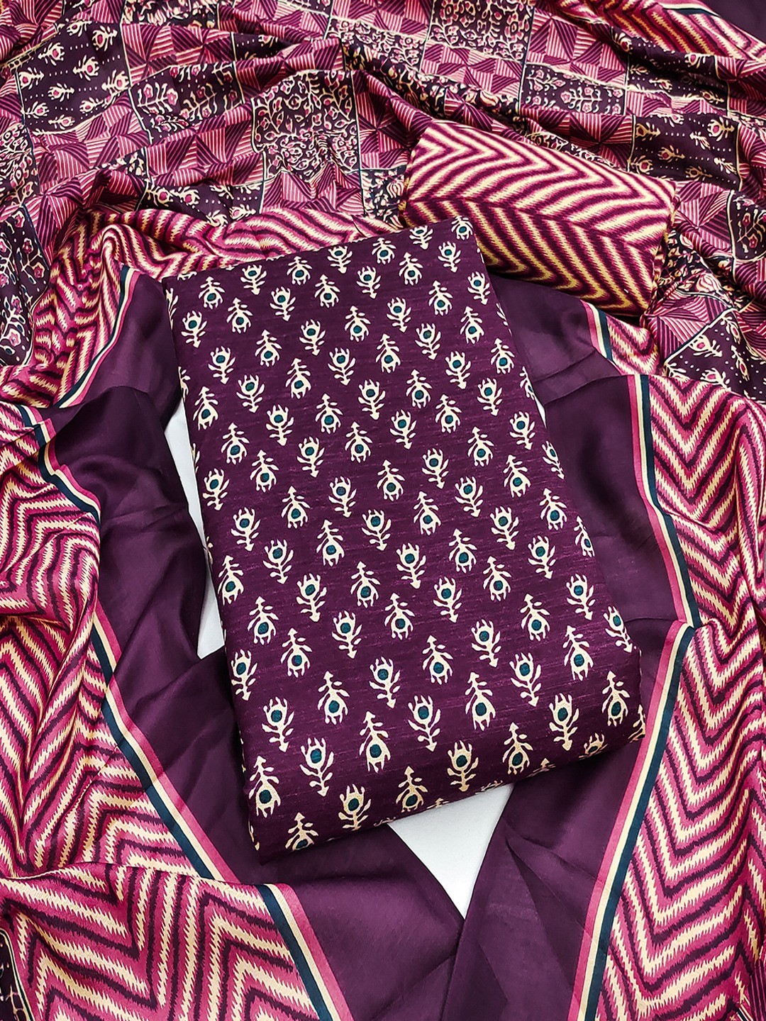 Exclusive Wine Floral Printed Rayon Dress Material With Delicate Design Finish