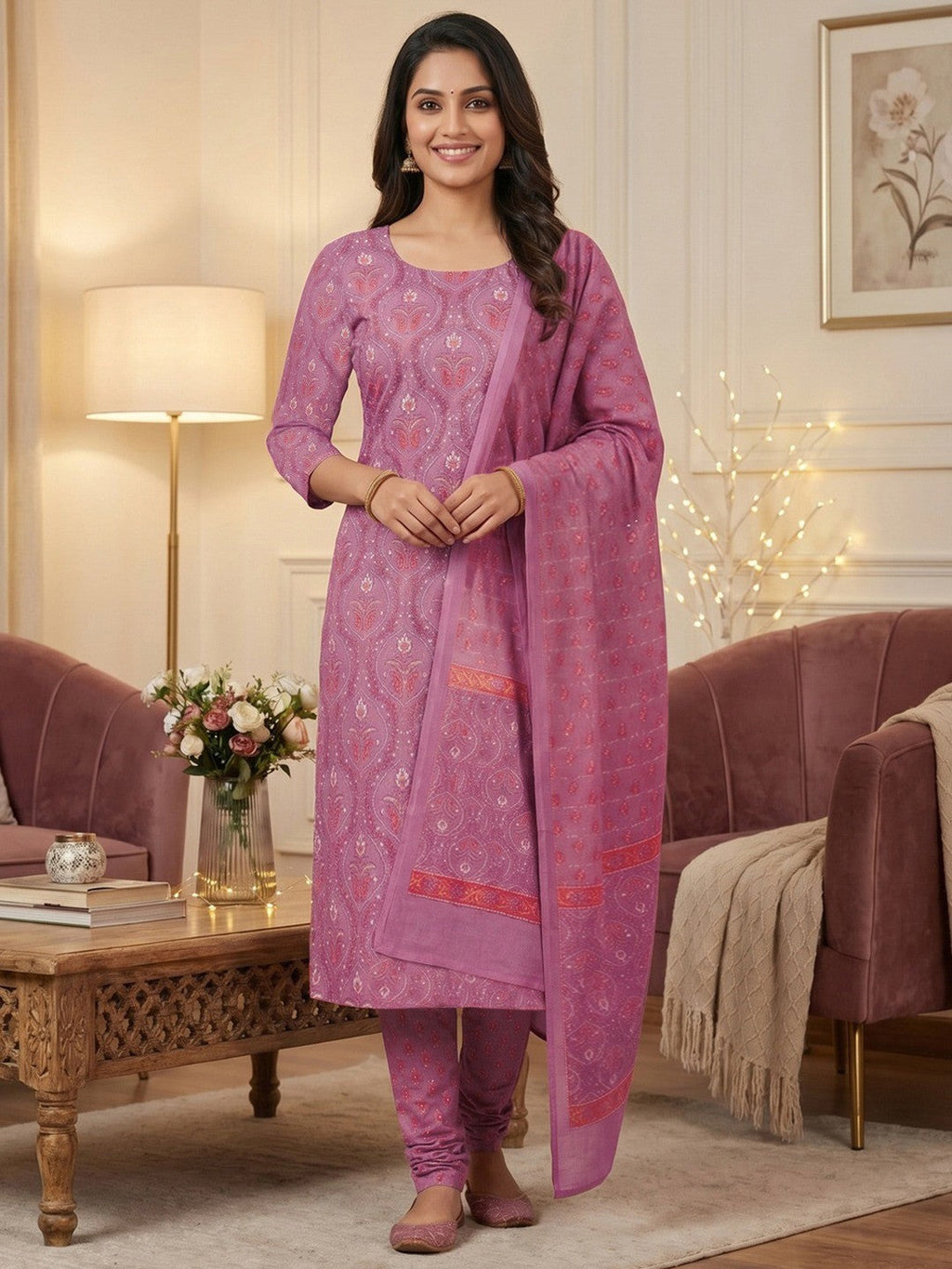 Exclusive Mauve Floral Printed Rayon Dress Material With Delicate Design Finish